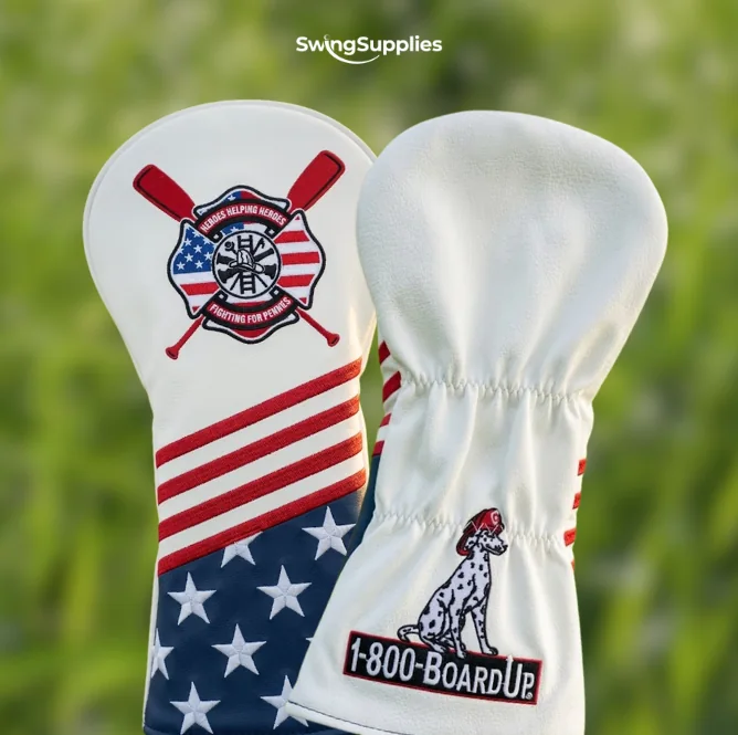 Two custom covers, one with a firefighter crest and stars and stripes, one with a dalmatian and the 1-800-BoardUp name