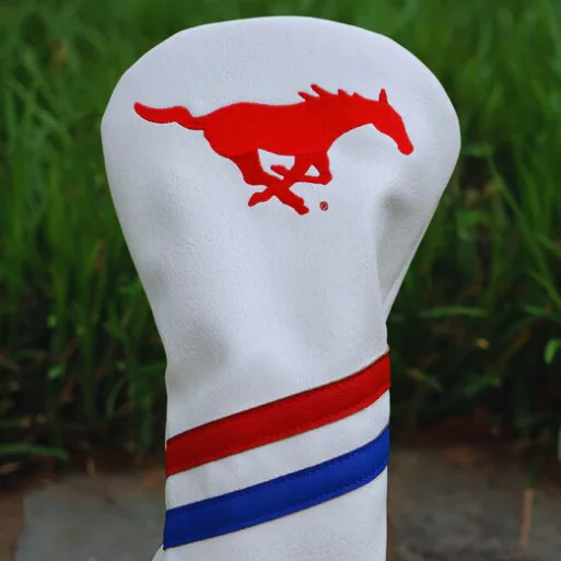 A white driver headcover with the SMU Mustang embroidered in red above red and blue stripes