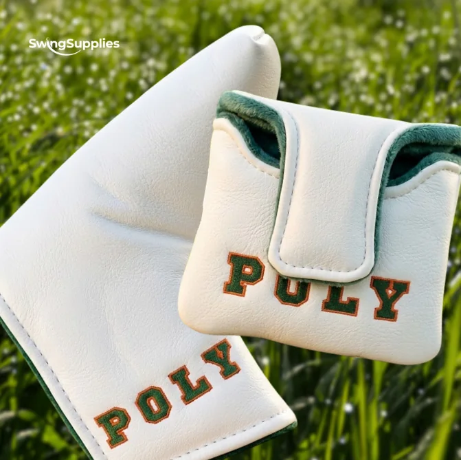 Two white putter covers with POLY embroidered in red and green